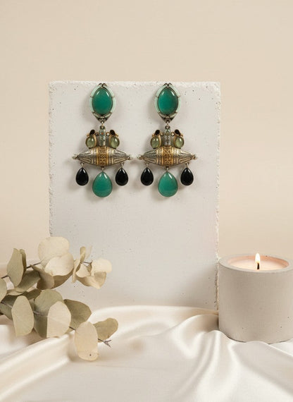 Fusion Green Black Monalisa Stone Statement Dangler Earrings for Women - Special Occasions 