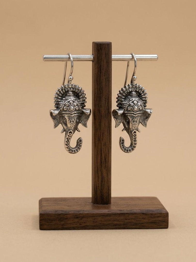 Ganesha Antique Silver Oxidized Hook Earrings for Women - Everyday Ethnic Wear