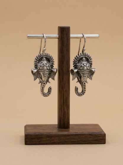 Ganesha Antique Silver Oxidized Hook Earrings for Women - Everyday Ethnic Wear