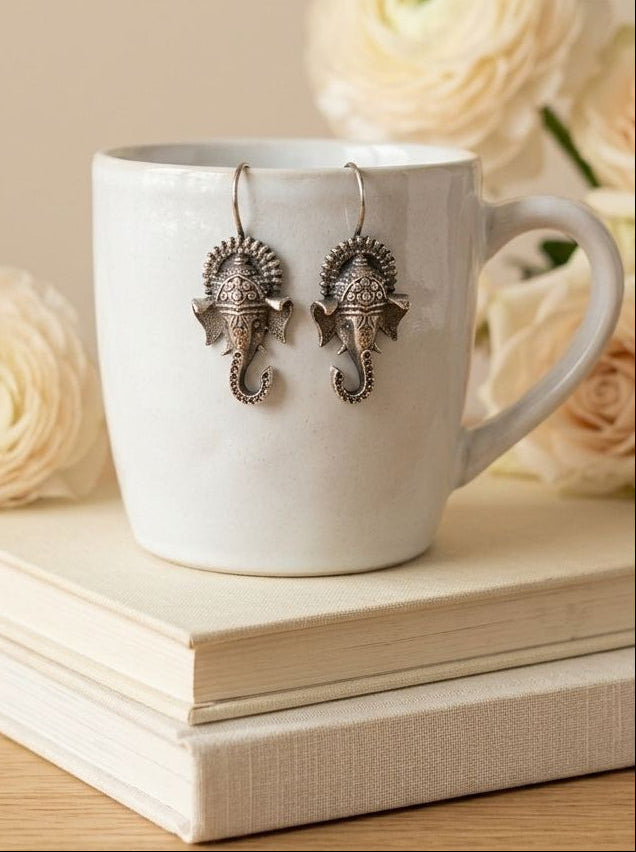 Ganesha Antique Silver Oxidized Hook Earrings for Women - Everyday Ethnic Wear