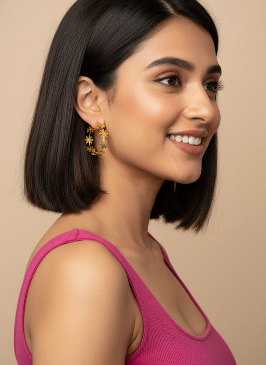 Model wearing Gold-Plated Daisy Floral Hoop Earrings for Women - Everyday Wear