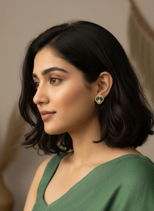 Model wearing Gold-Plated Kundan-Style Stud Earrings with Green Stones & Teardrop Crystal for Women - All Occasions 
