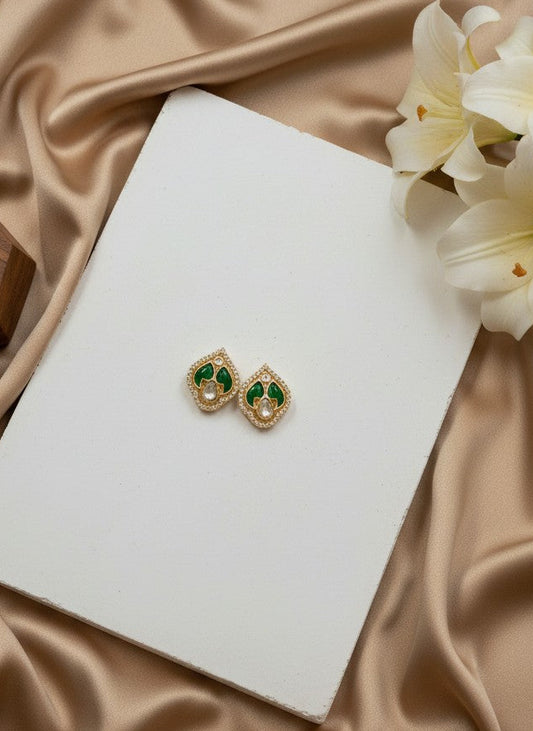 Gold-Plated Kundan-Style Stud Earrings with Green Stones & Teardrop Crystal for Women - All Occasions 