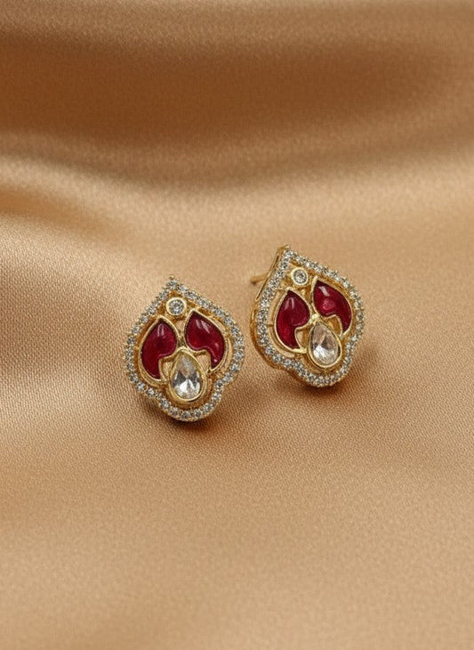 Gold-Plated Kundan-Style Stud Earrings with Red Stones & Teardrop Crystal for Women - All Occasions