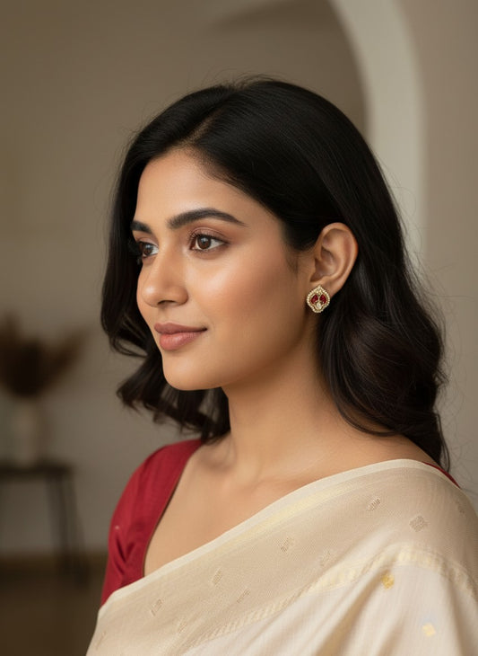 Gold-Plated Kundan-Style Stud Earrings with Red Stones & Teardrop Crystal for Women - All Occasions