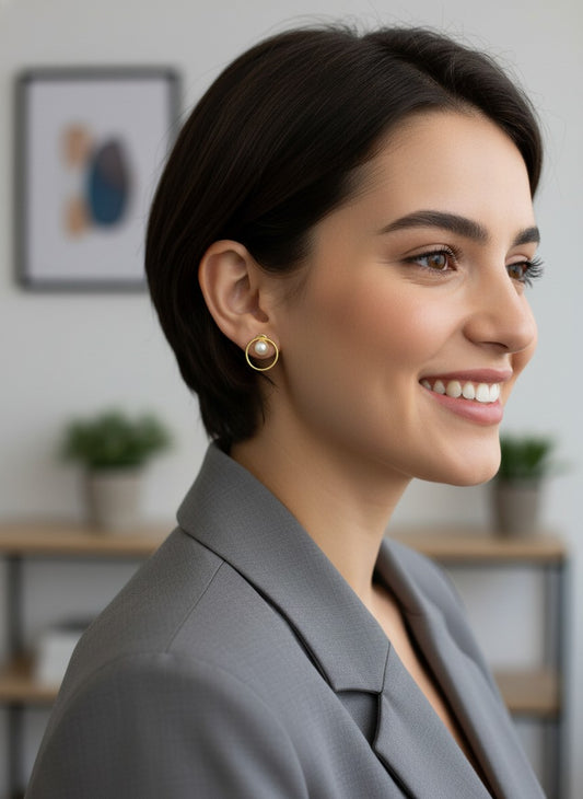 Model wearing Gold-Plated Minimal Circle Pearl Stud Earrings for Women - Everyday Office Wear