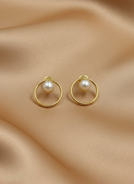 Gold-Plated Minimal Circle Pearl Stud Earrings for Women - Everyday Office Wear