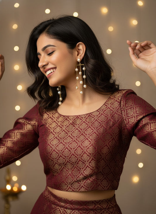 Model wearing Gold-Plated Multi strand Pearl Cascade Drop Statement Earrings for Women - Festive Wear