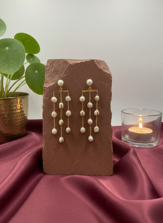 Gold-Plated Multi strand Pearl Cascade Drop Statement Earrings for Women - Festive Wear