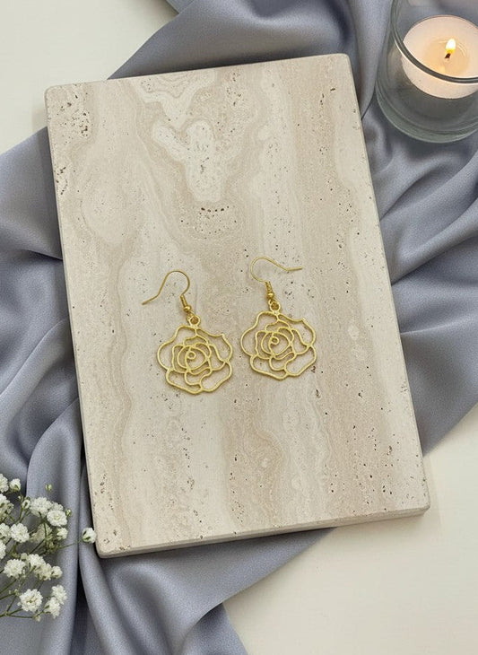 Gold-Plated Openwork Rose Drop Hook Earrings for Women - Casual Wear