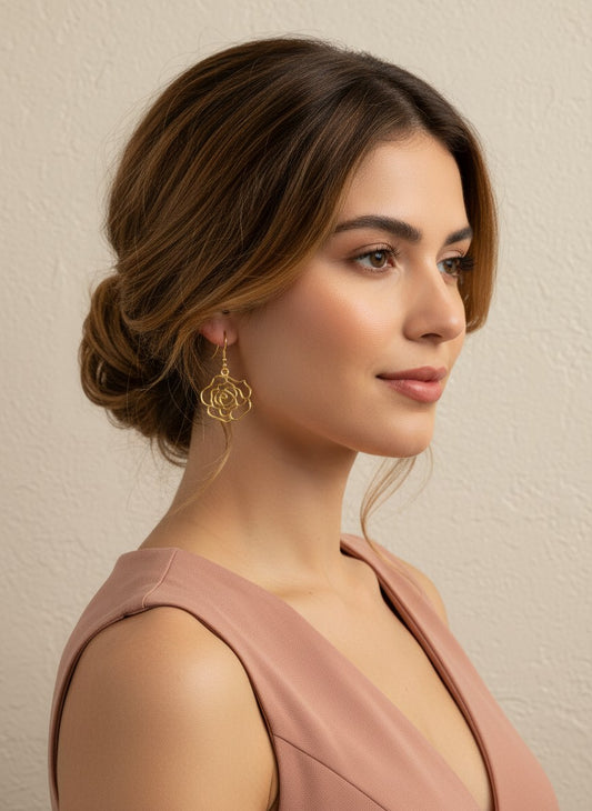 Model wearing Gold-Plated Openwork Rose Drop Hook Earrings for Women - Casual Wear