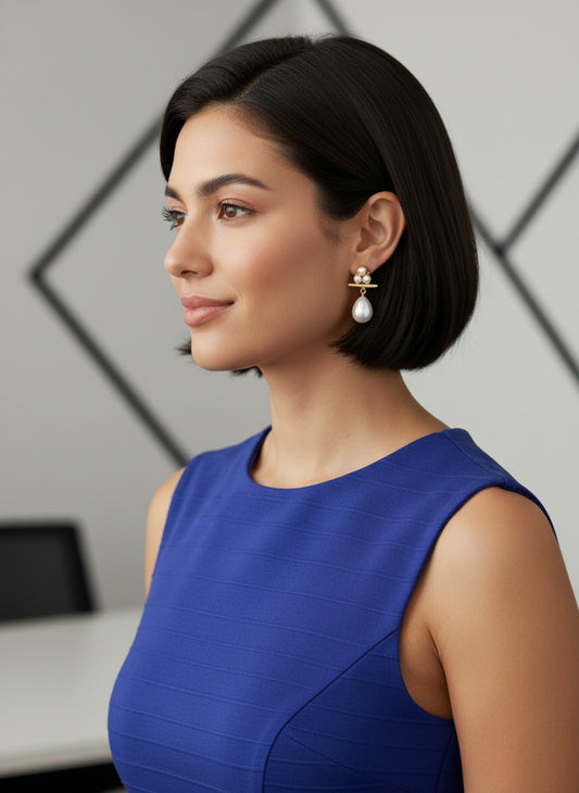 Model wearing Gold-Plated Pearl Drop Earrings with Pearl Cluster Stud Detail for Women - Everyday Casual Wear