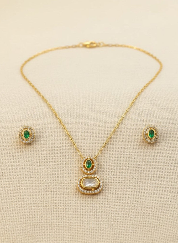 Gold-Plated Polki & Emerald Accent Minimal Pendant Neckchain Set for Women - Everyday Wear 