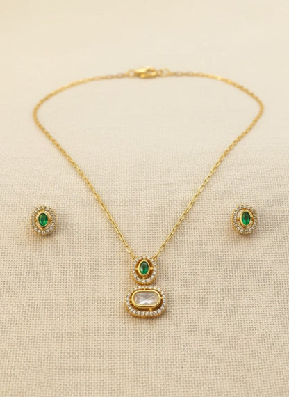 Gold-Plated Polki & Emerald Accent Minimal Pendant Neckchain Set for Women - Everyday Wear 