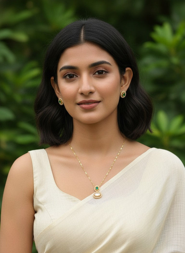 Gold-Plated Polki & Emerald Accent Minimal Pendant Neckchain Set for Women - Everyday Wear 