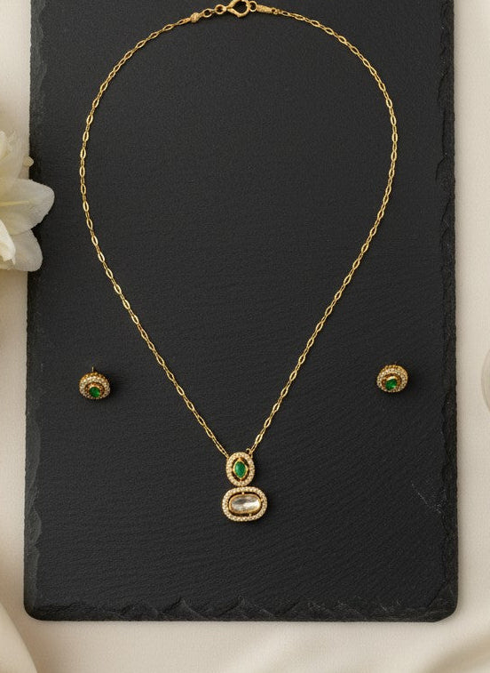 Gold-Plated Polki & Emerald Accent Minimal Pendant Neckchain Set for Women - Everyday Wear 