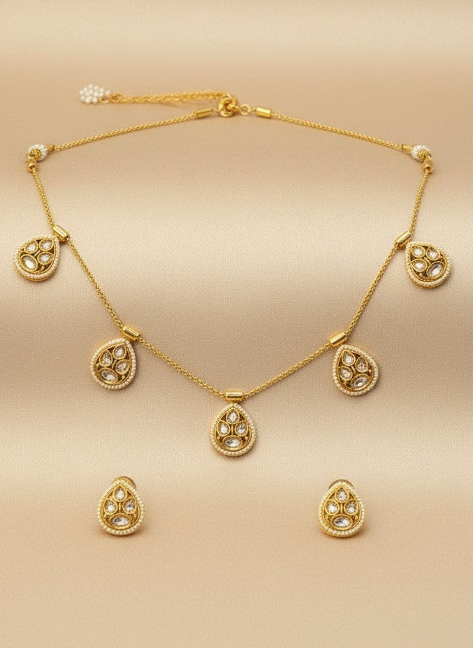Gold-Plated Polki & Pearl Drop Necklace Set for Women - Festive Wear
