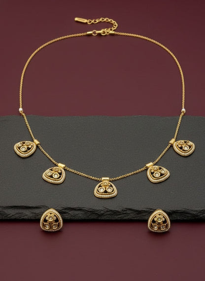 Gold-Plated Polki & Pearl Geometric Motif Necklace Set for Women - Festive Wear