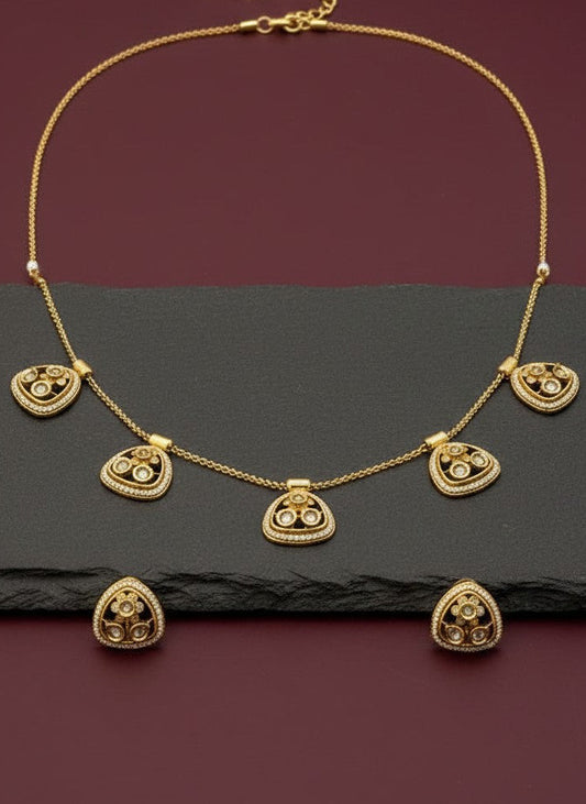 Gold-Plated Polki & Pearl Geometric Motif Necklace Set for Women - Festive Wear