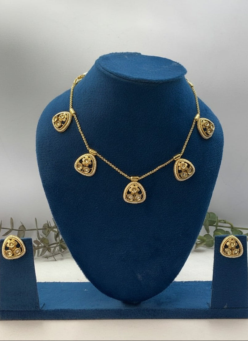 Gold-Plated Polki & Pearl Geometric Motif Necklace Set for Women - Festive Wear