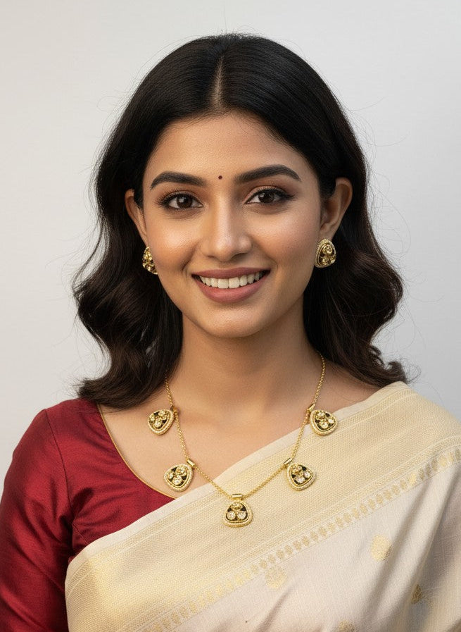 Gold-Plated Polki & Pearl Geometric Motif Necklace Set for Women - Festive Wear