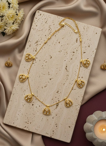 Gold-Plated Polki & Pearl Geometric Motif Necklace Set for Women - Festive Wear
