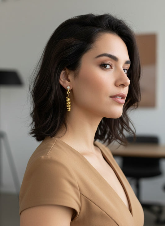 Model wearing Gold-Plated Spiral Coil Drop Earrings with Pearl Stud for Women - Versatile All Occasions  