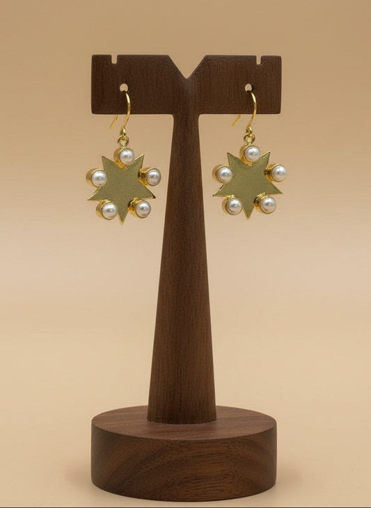 Gold-Plated Starburst Pearl Drop Hook Earrings for Women - Everyday Office Casual Wear
