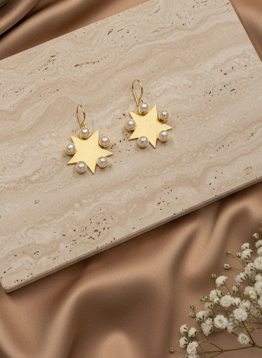 Gold-Plated Starburst Pearl Drop Hook Earrings for Women - Everyday Office Casual Wear