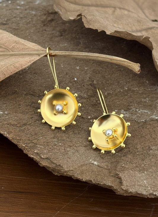 Gold-Plated Sun Disc Drop Hook Earrings with Pearl Accent for Women - Everyday Office & Casual Wear 