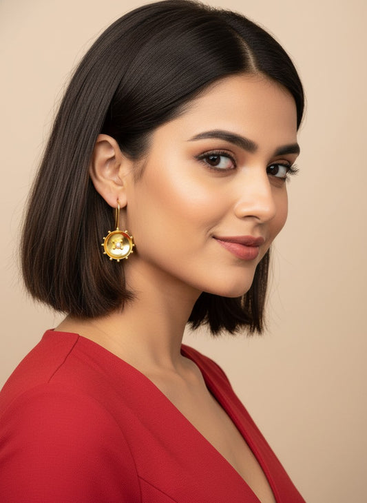 Model wearing Gold-Plated Sun Disc Drop Hook Earrings with Pearl Accent for Women - Everyday Office & Casual Wear 