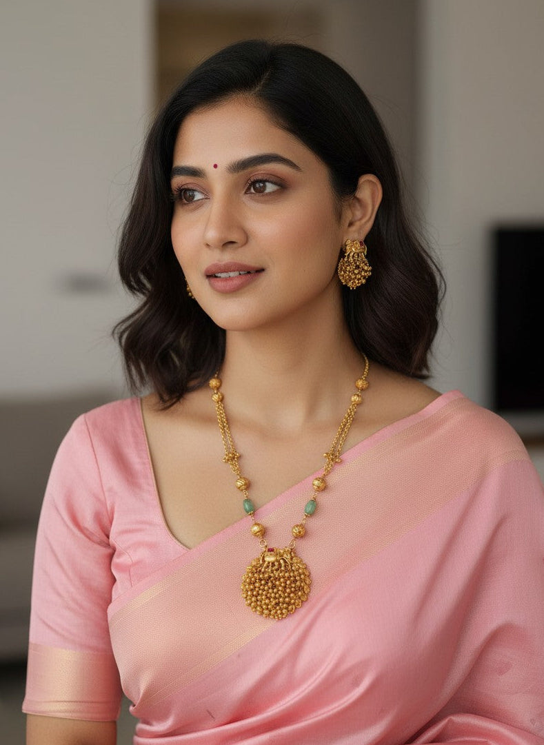 Gold-Plated Temple Elephant Motif Pota Beaded Pendant Necklace Set for Women - Festive Wear