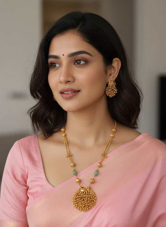 Gold-Plated Temple Elephant Motif Pota Beaded Pendant Necklace Set for Women - Festive Wear
