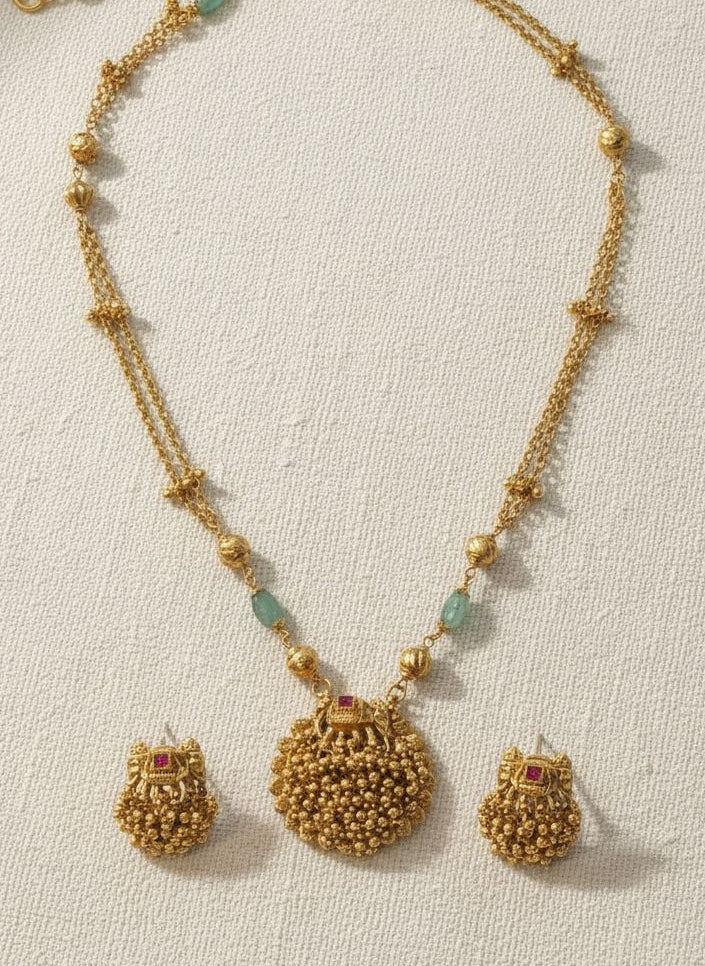 Gold-Plated Temple Elephant Motif Pota Beaded Pendant Necklace Set for Women - Festive Wear
