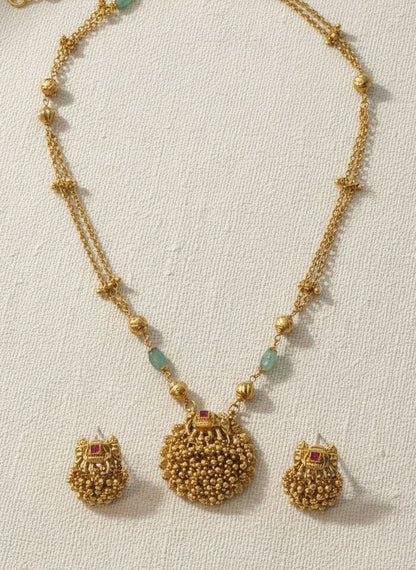 Gold-Plated Temple Elephant Motif Pota Beaded Pendant Necklace Set for Women - Festive Wear