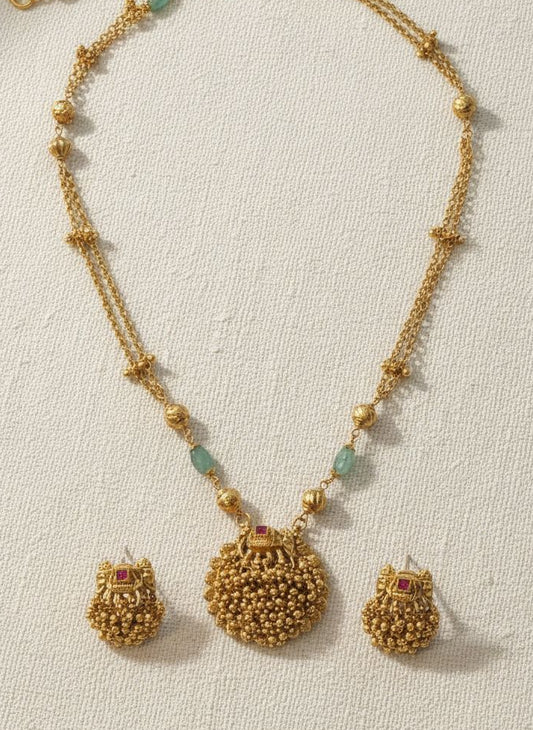 Gold-Plated Temple Elephant Motif Pota Beaded Pendant Necklace Set for Women - Festive Wear