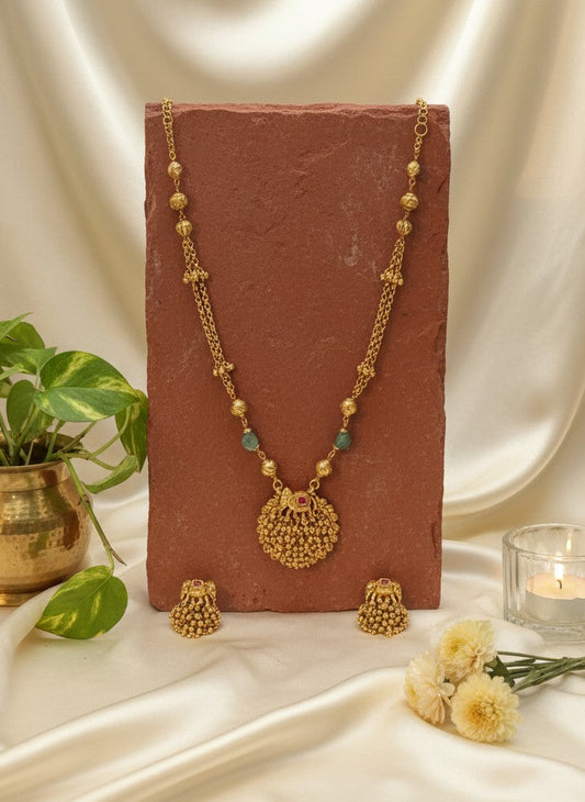 Gold-Plated Temple Elephant Motif Pota Beaded Pendant Necklace Set for Women - Festive Wear