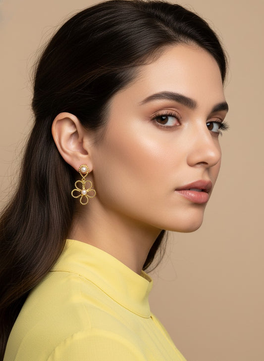 Model wearing Gold-Plated Twisted Floral Pearl Drop Earrings for Women - All Occasion Wear 