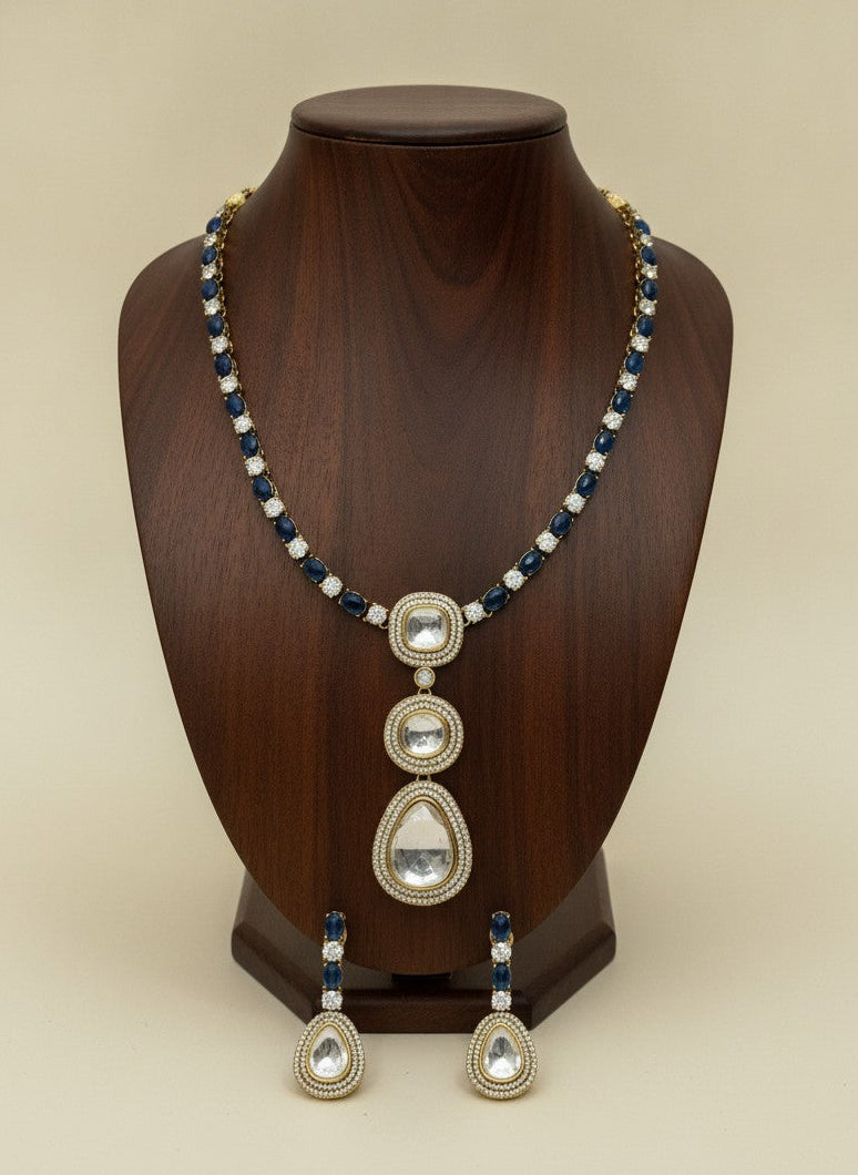 Gold-Plated Victorian Polish Polki & Blue Sapphire Stone Necklace Set with Drop Pendant for Women - Special Occasions