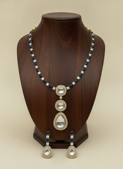 Gold-Plated Victorian Polish Polki & Blue Sapphire Stone Necklace Set with Drop Pendant for Women - Special Occasions
