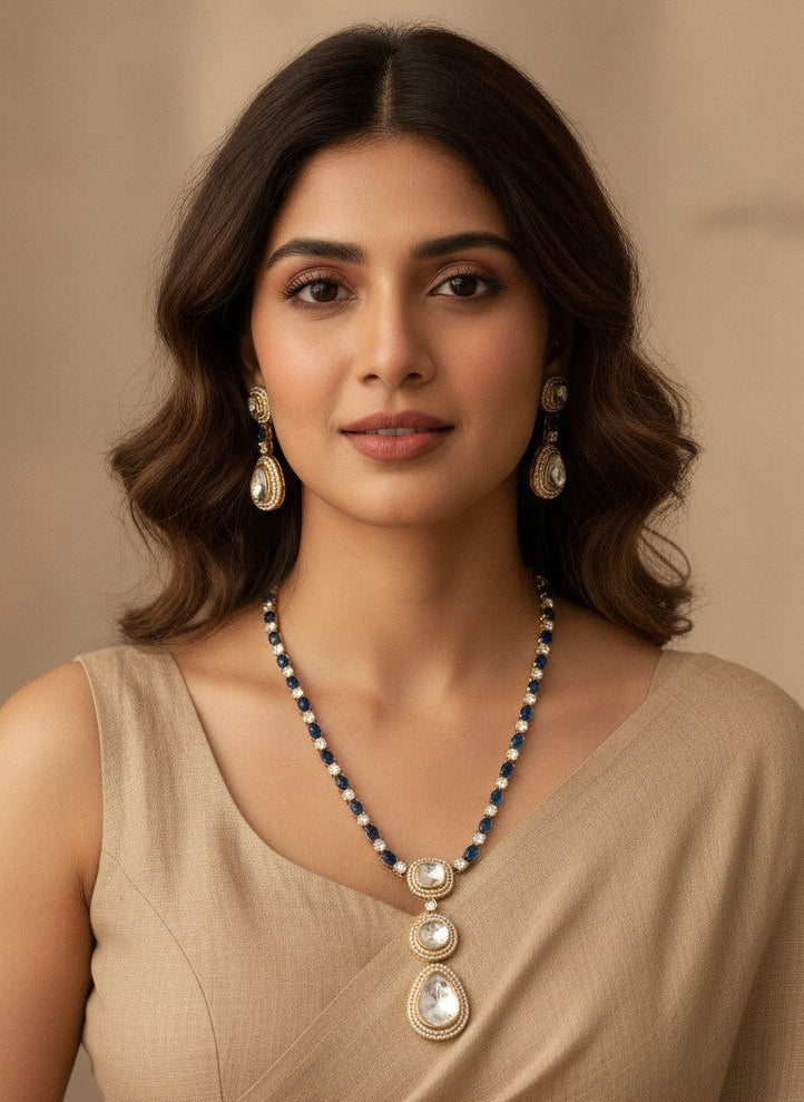Gold-Plated Victorian Polish Polki & Blue Sapphire Stone Necklace Set with Drop Pendant for Women - Special Occasions