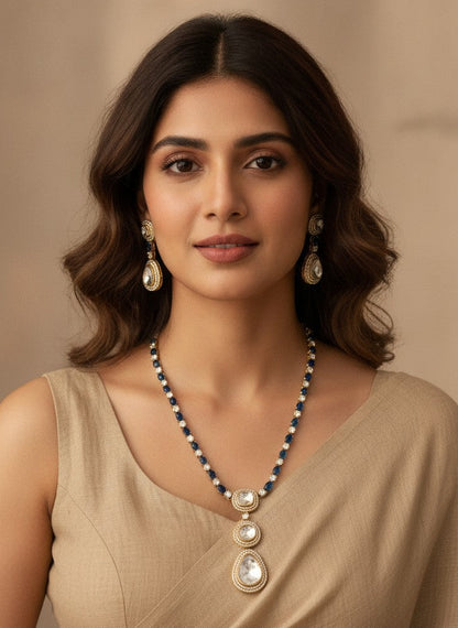 Gold-Plated Victorian Polish Polki & Blue Sapphire Stone Necklace Set with Drop Pendant for Women - Special Occasions