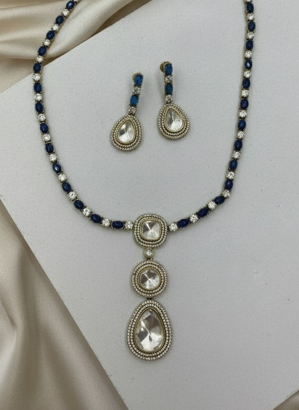 Gold-Plated Victorian Polish Polki & Blue Sapphire Stone Necklace Set with Drop Pendant for Women - Special Occasions