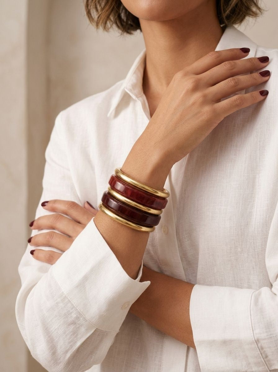 Gold-Tone Brass & Resin Bangles Set of 5 Stack for Women – Contemporary Fusion Wear 
