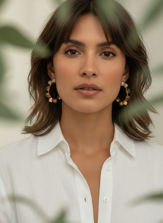 Gold Bezel Multi-Natural Stone Half Hoop Earrings for Women - Casual Chic Wear