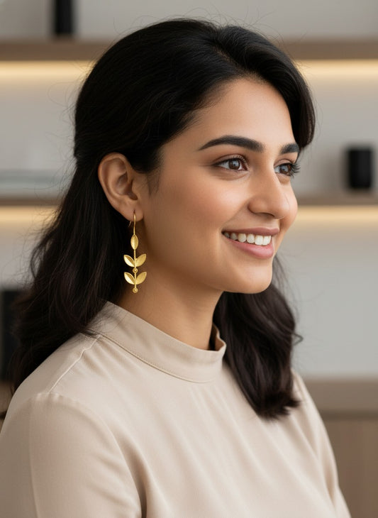 Gold Finish Botanical Leaf Drop Hook Earrings for Women - All Occasions wear
