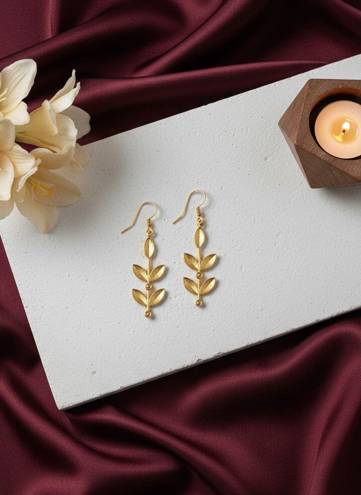 Gold Finish Botanical Leaf Drop Hook Earrings for Women - All Occasions wear
