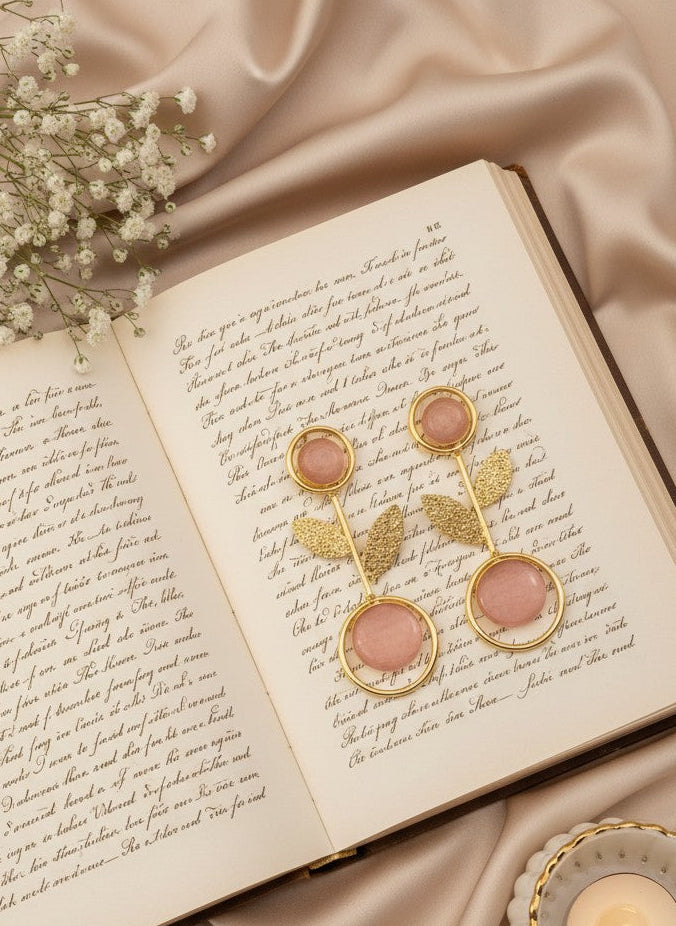 Gold Plated Baby Pink Monalisa Stone Leaf Drop Earrings for Women - Casual Wear