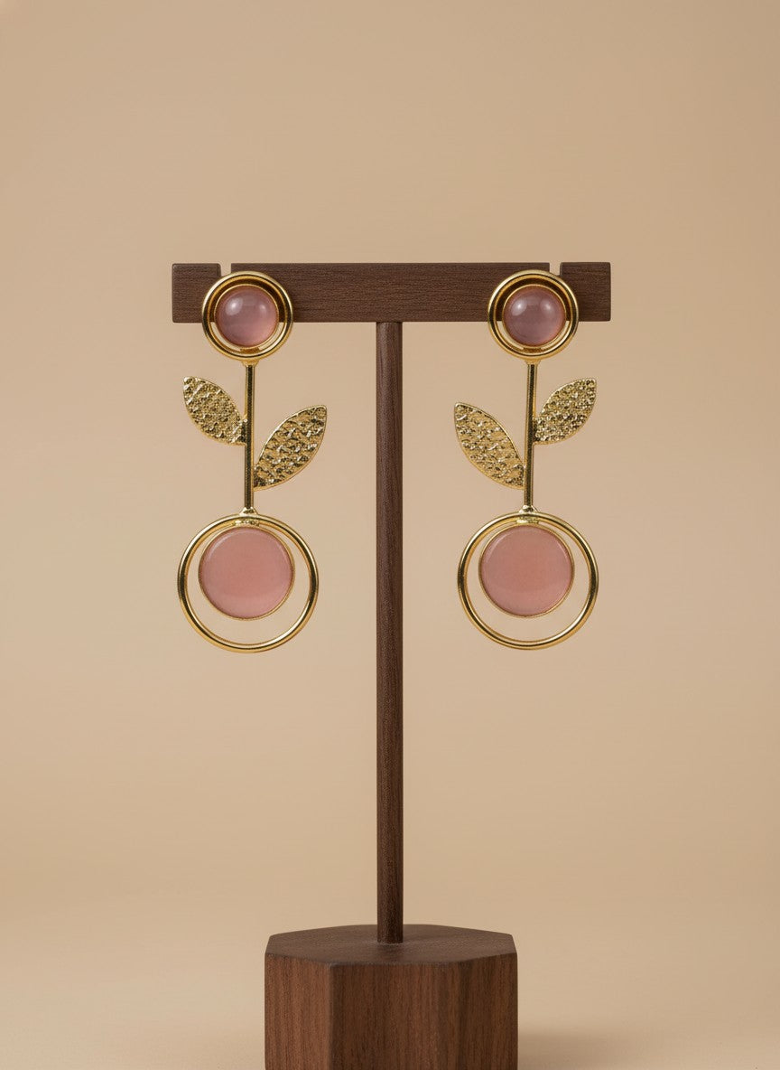 Gold Plated Baby Pink Monalisa Stone Leaf Drop Earrings for Women - Casual Wear