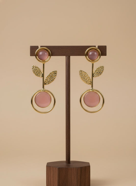 Gold Plated Baby Pink Monalisa Stone Leaf Drop Earrings for Women - Casual Wear